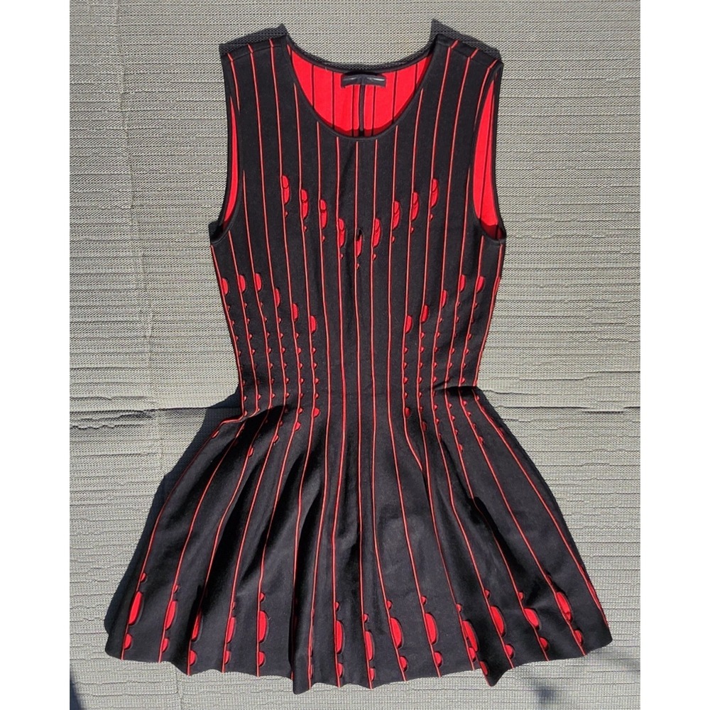 RVN Womens Dress Medium Red/Black Knit Fit & Flare Cap Sleeve Structured Red